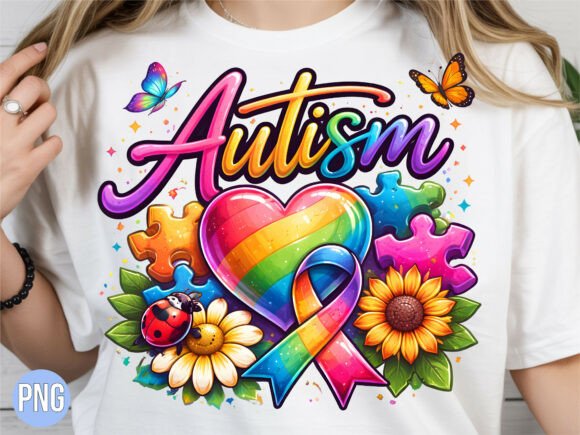 Colorful Floral Ribbon Heart Autism PNG